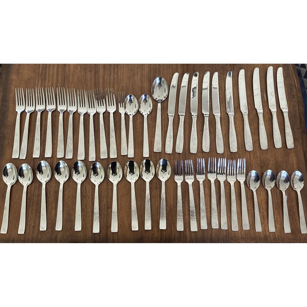 Godinger Castello Hammered Stainless Flatware Knives Forks Spoons - Lot Of 45